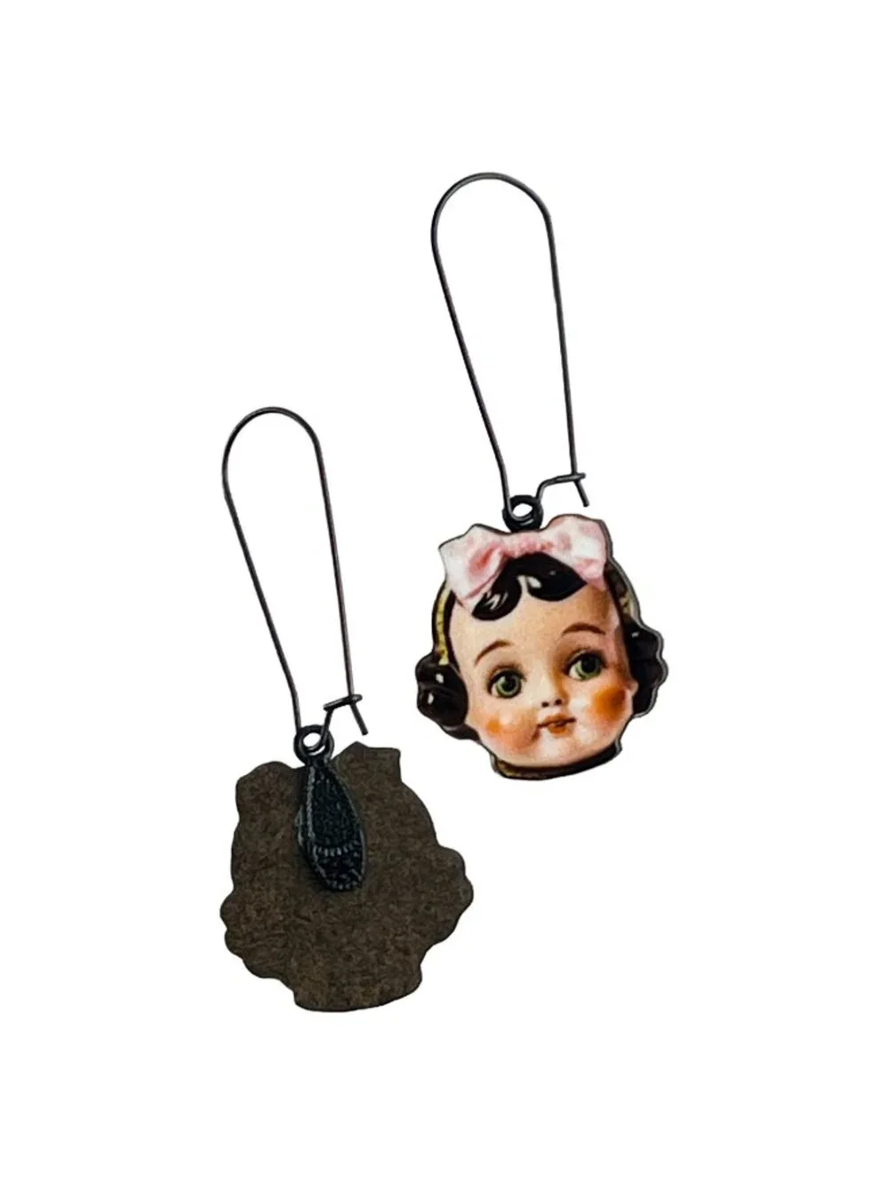 Vintage Doll Face Pink Bows Wood Cutout Dangle Earrings Kitsch Cute